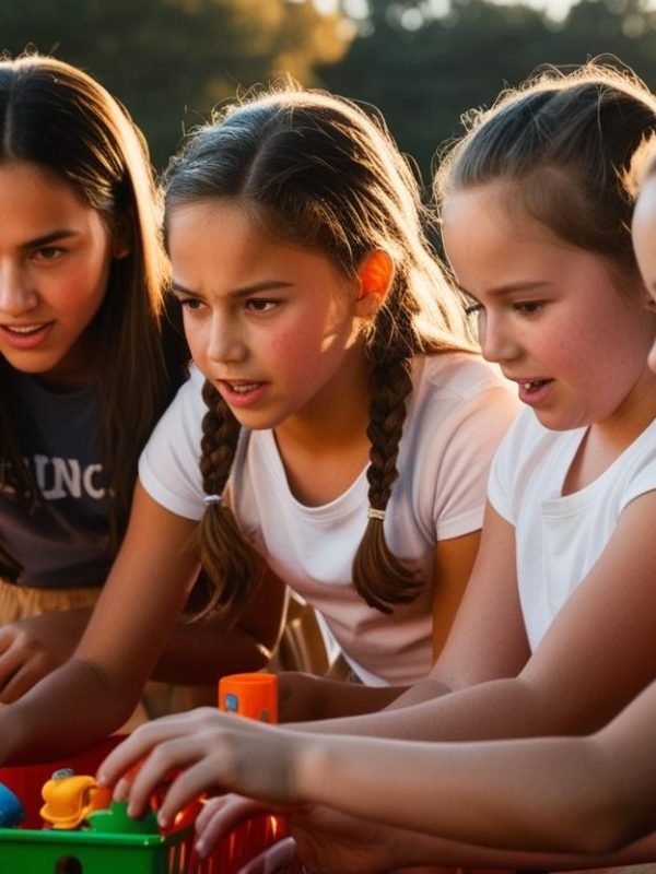 three youngsters intensily volunteer in school, white 4 people with small kids photo from the distance (1)